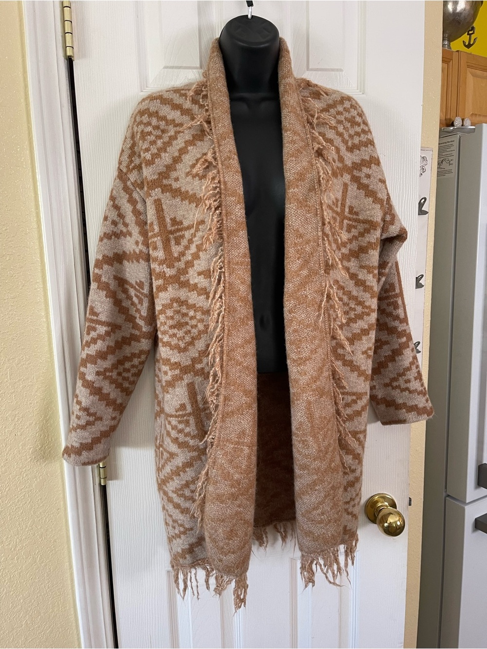 Fringed Open-Front Aztec Cardigan Sweater in Camel